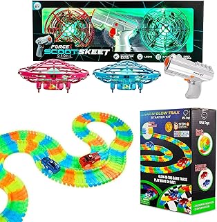 Force1 Scoot Skeet Drone 2 Hand Drones for Kids with LED Toy Gun Game Set and USA Toyz Glow Tracks Starter Kit Glow Race Tracks and LED Toy Cars 216pk Glow in The Dark Bendable Rainbow Race Track Set